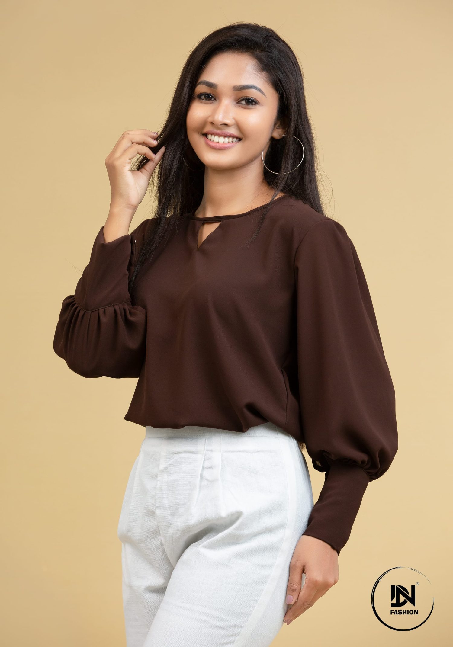 COFFEE BROWN LONG SLEEVE DETAILED BLOUSE